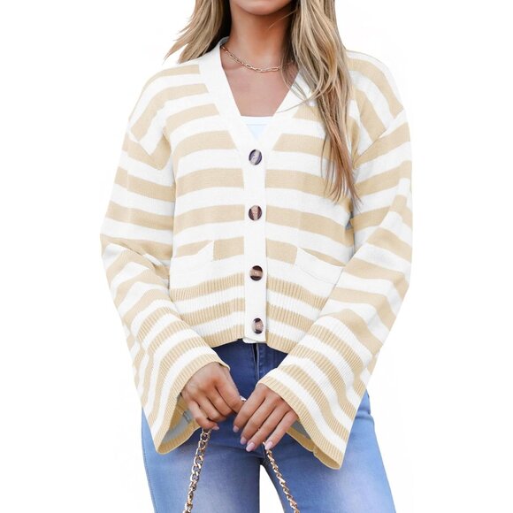 Jackets & Blazers - Women’s Striped Cotton-Acrylic Oversized Cardigan Sweater Coat with Pockets